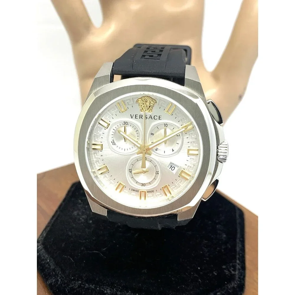 Versace Men's Watch VE7CA0123 Swiss Quartz Chronograph Silver Black Rubber 43mm